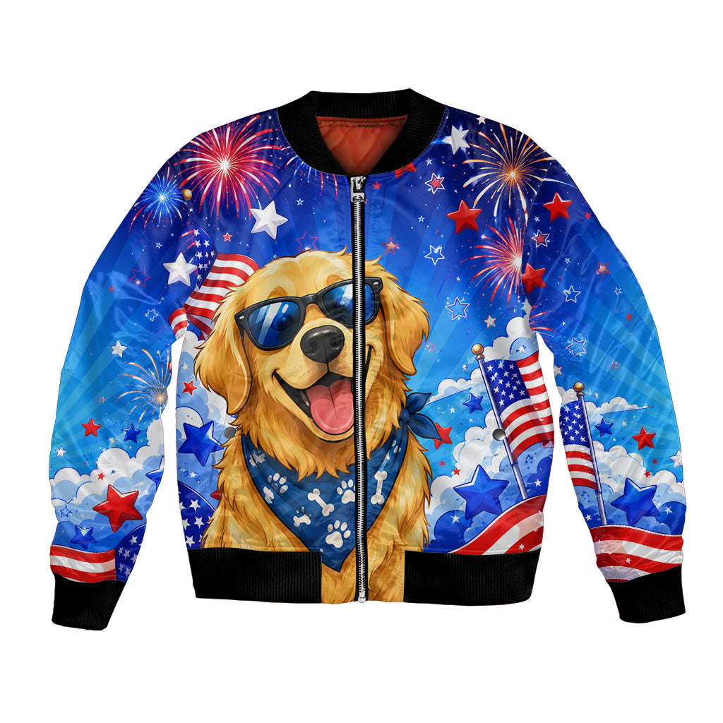 My Dog Is A Democrat Golden Retriever Bomber Jacket Patriotic American Fireworks Cute Cartoon Dog