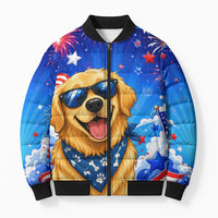 My Dog Is A Democrat Golden Retriever Bomber Puffer Jacket Patriotic American Fireworks Cute Cartoon Dog