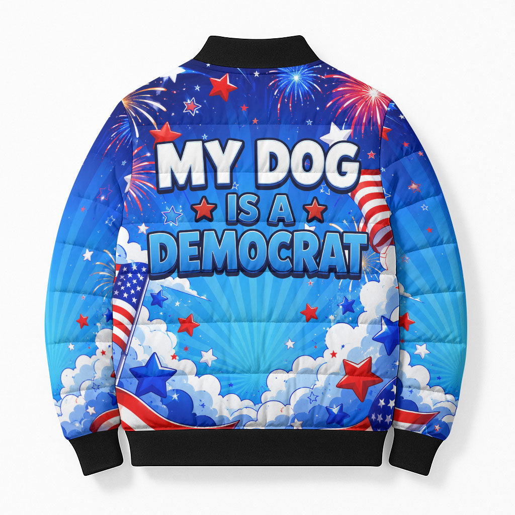 My Dog Is A Democrat Golden Retriever Bomber Puffer Jacket Patriotic American Fireworks Cute Cartoon Dog
