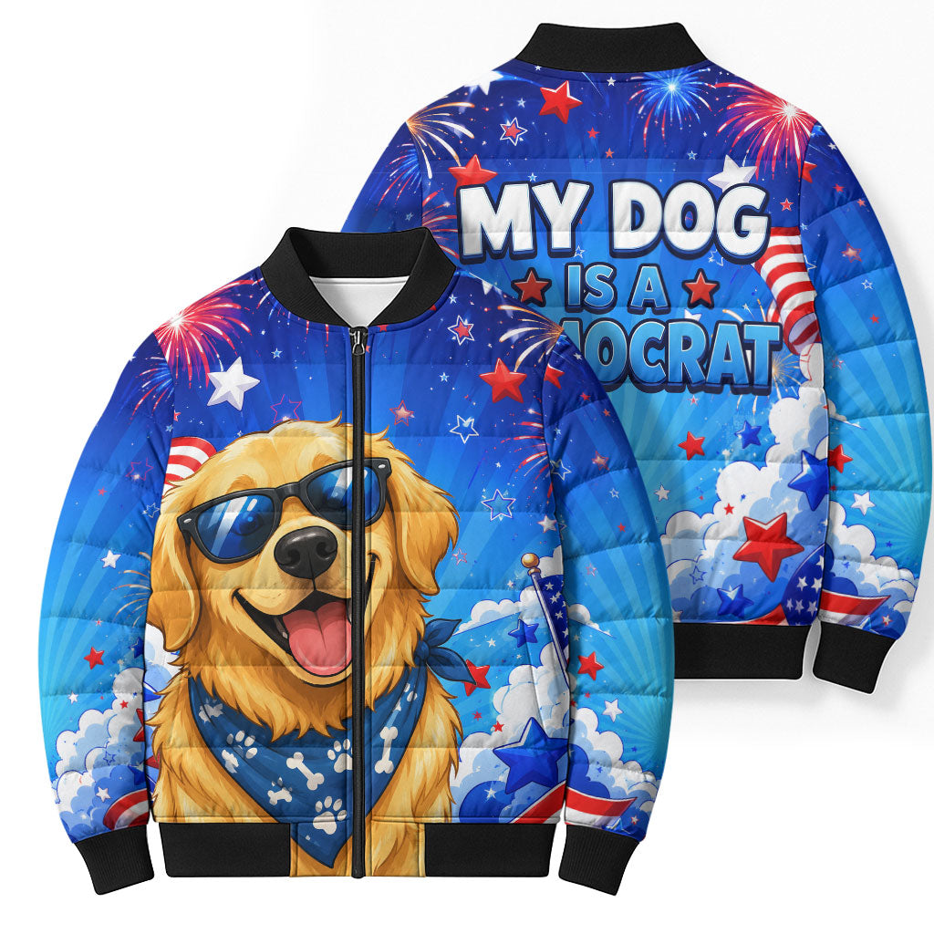 My Dog Is A Democrat Golden Retriever Bomber Puffer Jacket Patriotic American Fireworks Cute Cartoon Dog