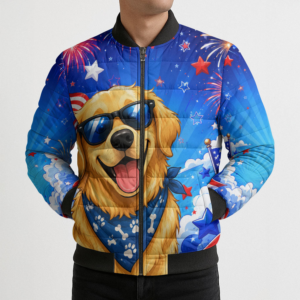 My Dog Is A Democrat Golden Retriever Bomber Puffer Jacket Patriotic American Fireworks Cute Cartoon Dog