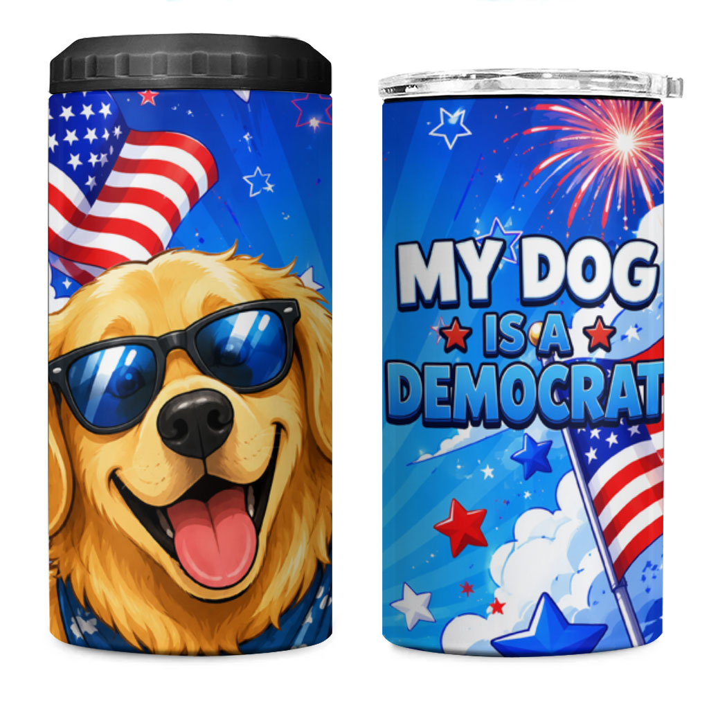 My Dog Is A Democrat Golden Retriever 4 in 1 Can Cooler Tumbler Patriotic American Fireworks Cute Cartoon Dog