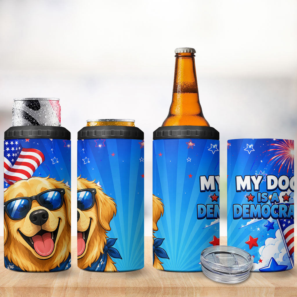 My Dog Is A Democrat Golden Retriever 4 in 1 Can Cooler Tumbler Patriotic American Fireworks Cute Cartoon Dog