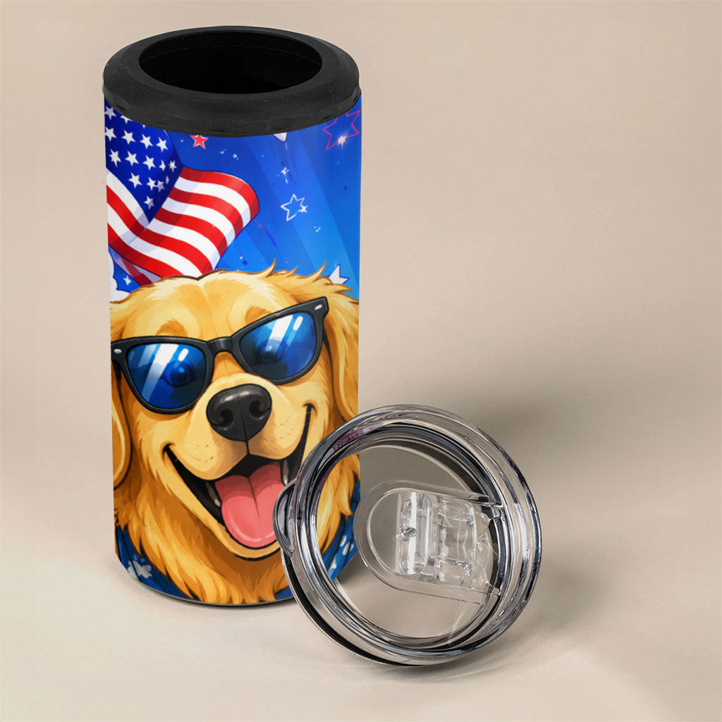 My Dog Is A Democrat Golden Retriever 4 in 1 Can Cooler Tumbler Patriotic American Fireworks Cute Cartoon Dog
