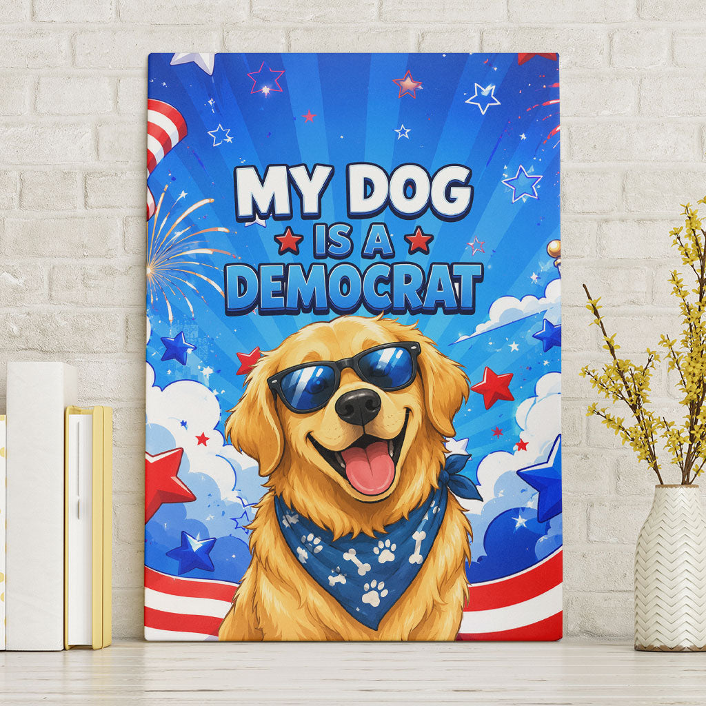 My Dog Is A Democrat Golden Retriever Canvas Wall Art Patriotic American Fireworks Cute Cartoon Dog