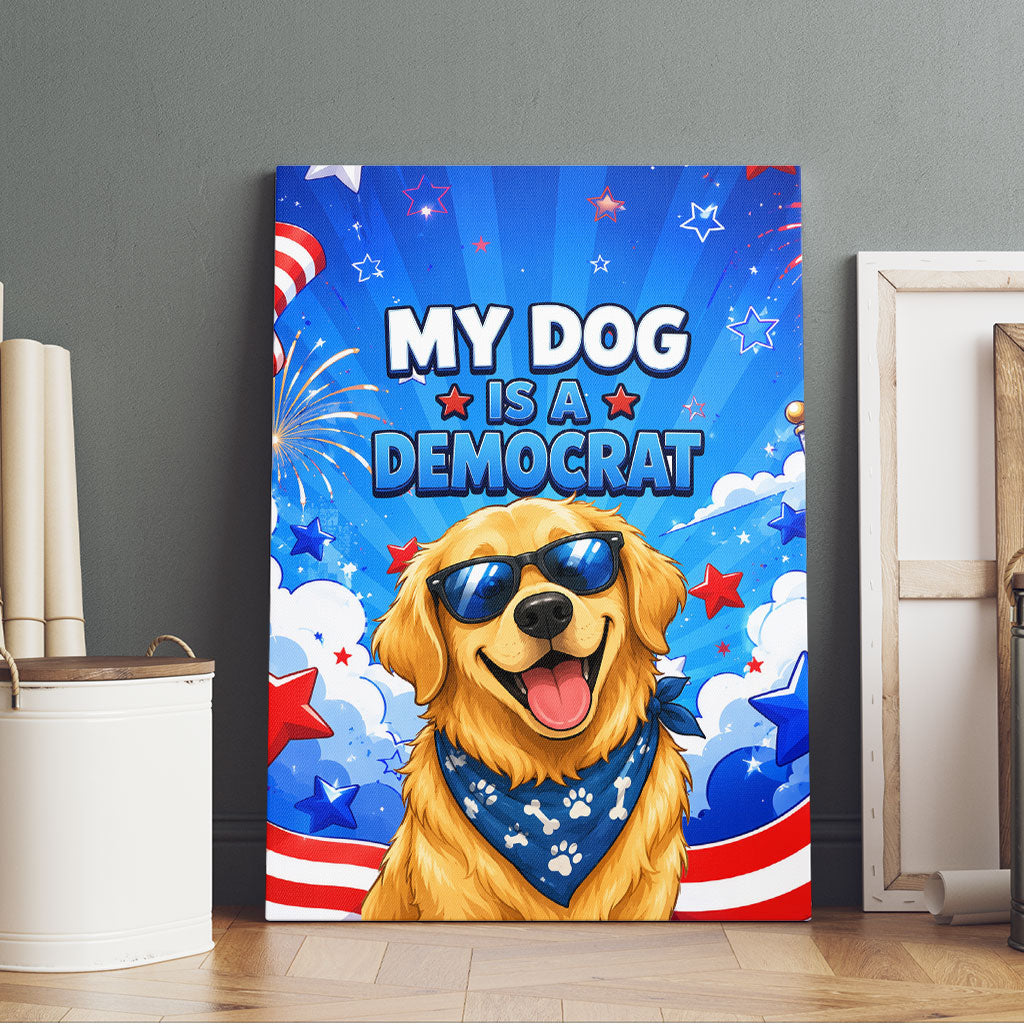 My Dog Is A Democrat Golden Retriever Canvas Wall Art Patriotic American Fireworks Cute Cartoon Dog