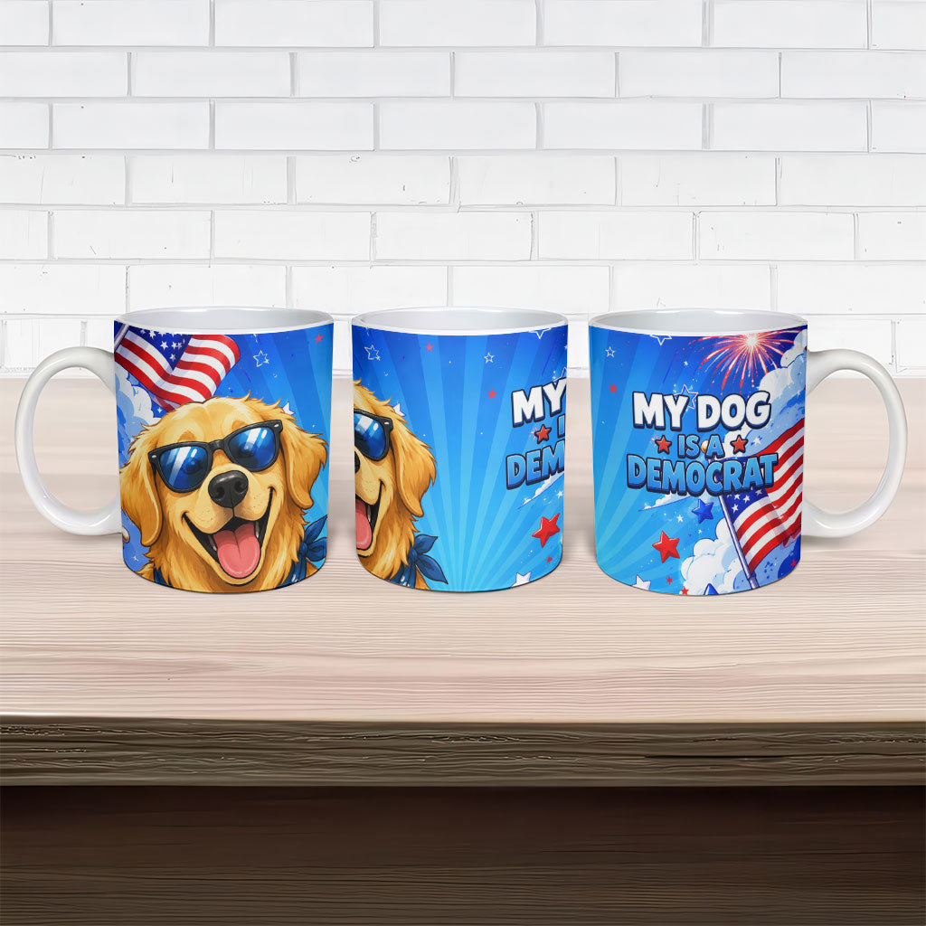 My Dog Is A Democrat Golden Retriever Ceramic Mug Patriotic American Fireworks Cute Cartoon Dog