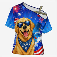 My Dog Is A Democrat Golden Retriever Cross Shoulder Shirt Patriotic American Fireworks Cute Cartoon Dog
