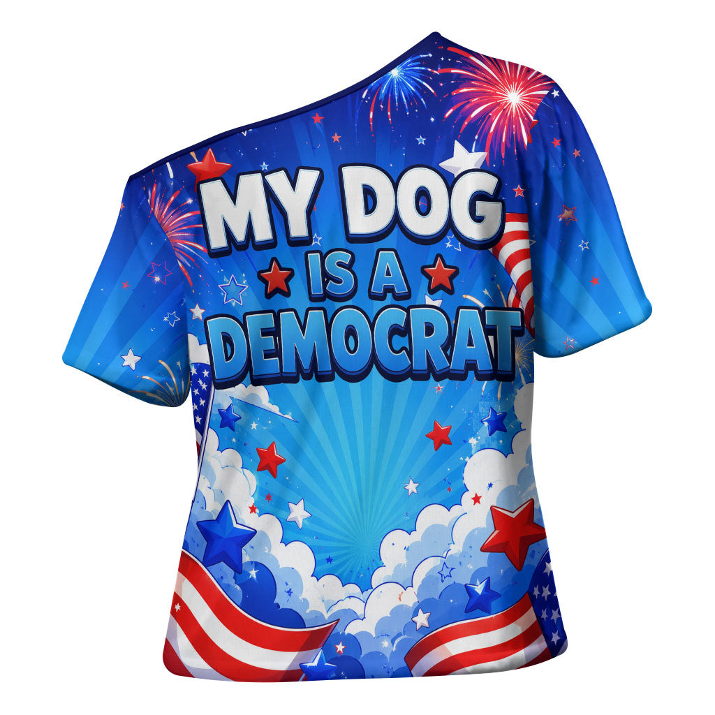 My Dog Is A Democrat Golden Retriever Cross Shoulder Shirt Patriotic American Fireworks Cute Cartoon Dog
