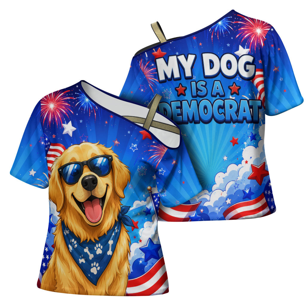 My Dog Is A Democrat Golden Retriever Cross Shoulder Shirt Patriotic American Fireworks Cute Cartoon Dog