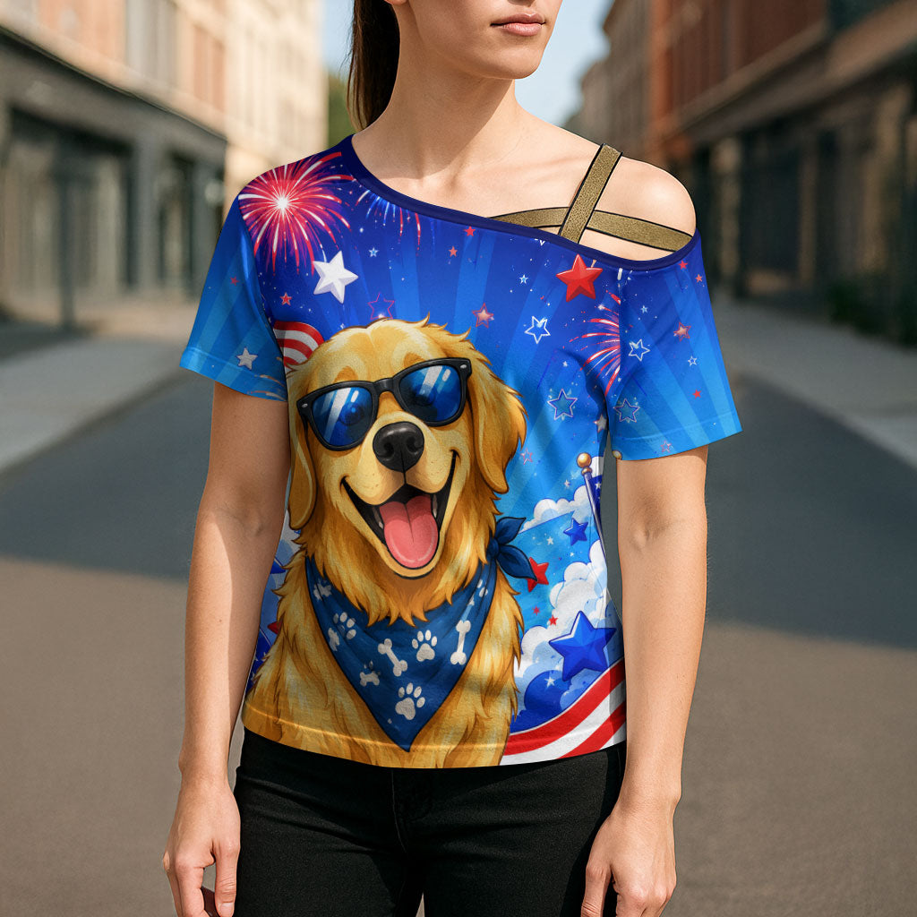 My Dog Is A Democrat Golden Retriever Cross Shoulder Shirt Patriotic American Fireworks Cute Cartoon Dog
