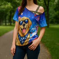 My Dog Is A Democrat Golden Retriever Cross Shoulder Shirt Patriotic American Fireworks Cute Cartoon Dog