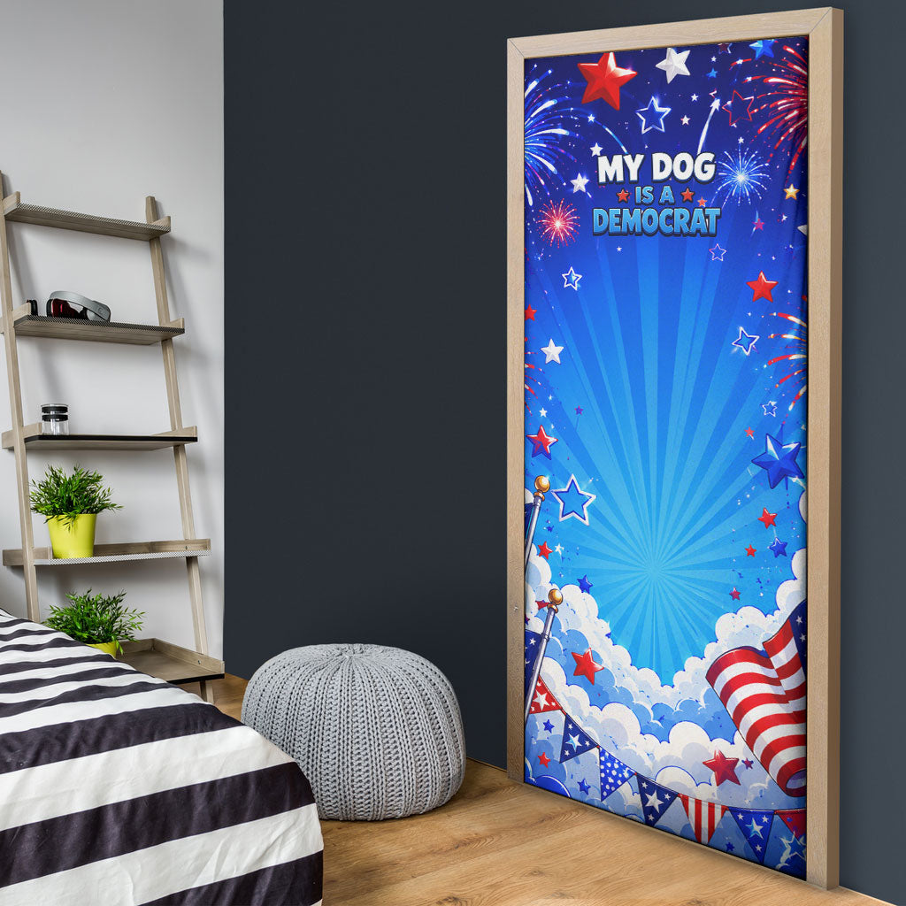 My Dog Is A Democrat Golden Retriever Door Cover Patriotic American Fireworks Cute Cartoon Dog