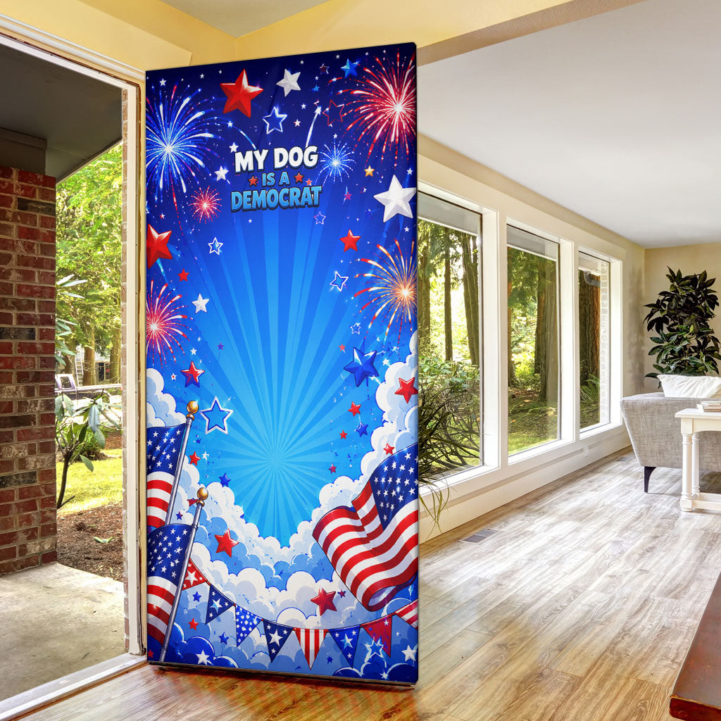 My Dog Is A Democrat Golden Retriever Door Cover Patriotic American Fireworks Cute Cartoon Dog