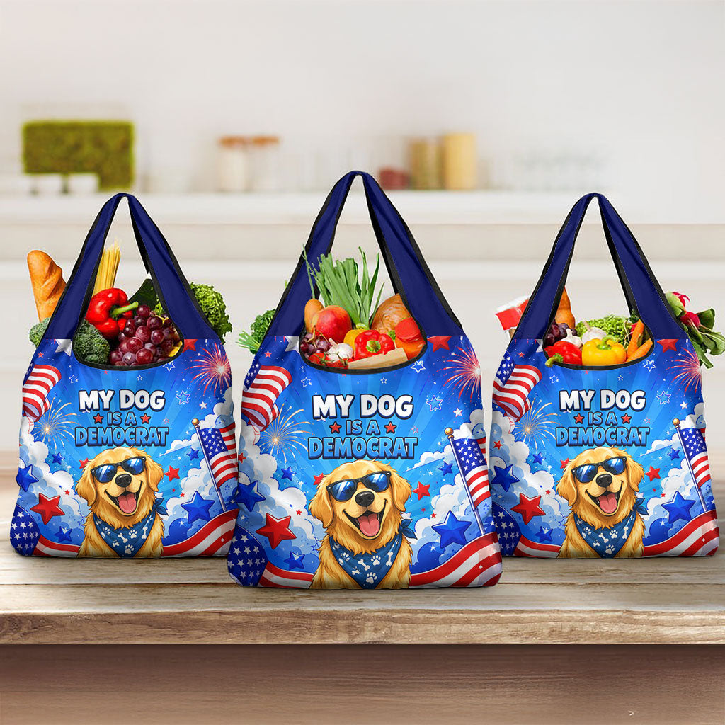 My Dog Is A Democrat Golden Retriever Grocery Bag Patriotic American Fireworks Cute Cartoon Dog