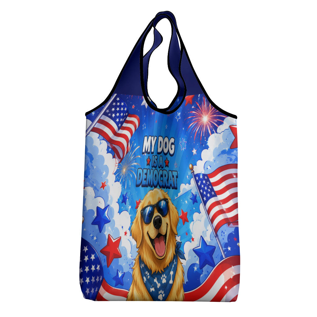 My Dog Is A Democrat Golden Retriever Grocery Bag Patriotic American Fireworks Cute Cartoon Dog