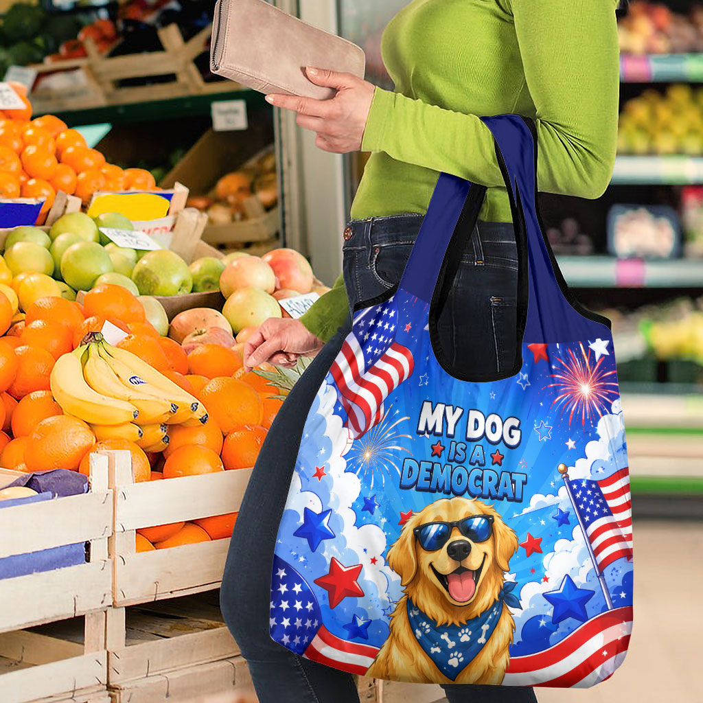 My Dog Is A Democrat Golden Retriever Grocery Bag Patriotic American Fireworks Cute Cartoon Dog