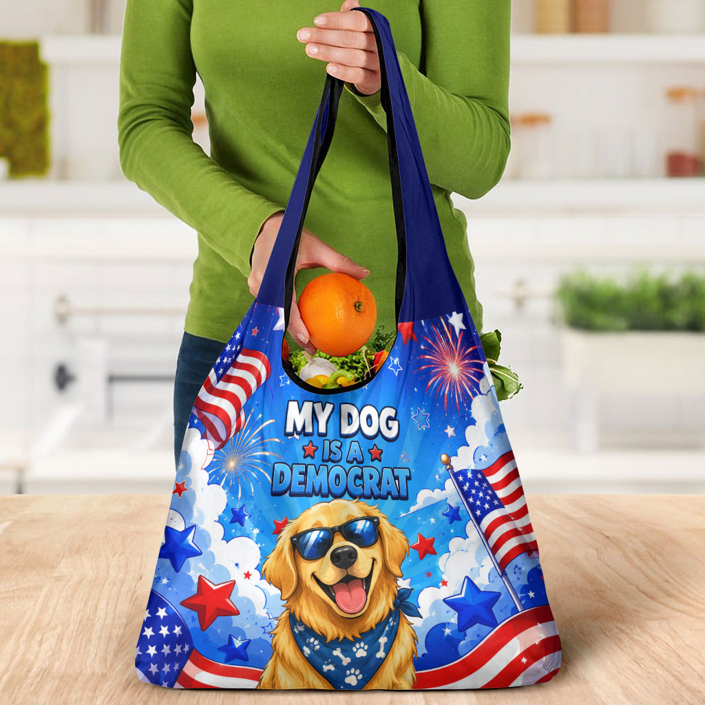My Dog Is A Democrat Golden Retriever Grocery Bag Patriotic American Fireworks Cute Cartoon Dog