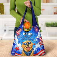 My Dog Is A Democrat Golden Retriever Grocery Bag Patriotic American Fireworks Cute Cartoon Dog