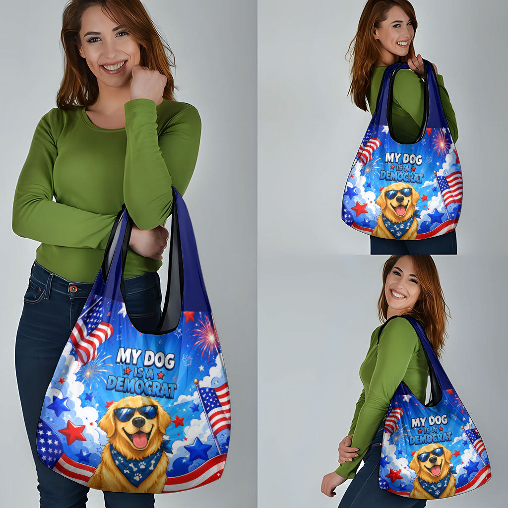 My Dog Is A Democrat Golden Retriever Grocery Bag Patriotic American Fireworks Cute Cartoon Dog