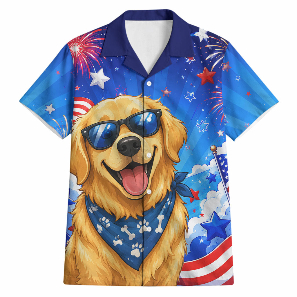 My Dog Is A Democrat Golden Retriever Hawaiian Shirt Patriotic American Fireworks Cute Cartoon Dog