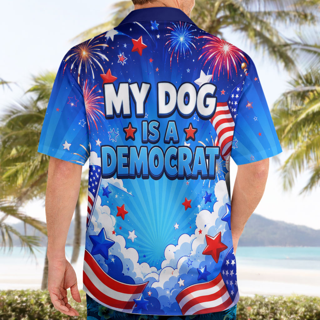 My Dog Is A Democrat Golden Retriever Hawaiian Shirt Patriotic American Fireworks Cute Cartoon Dog
