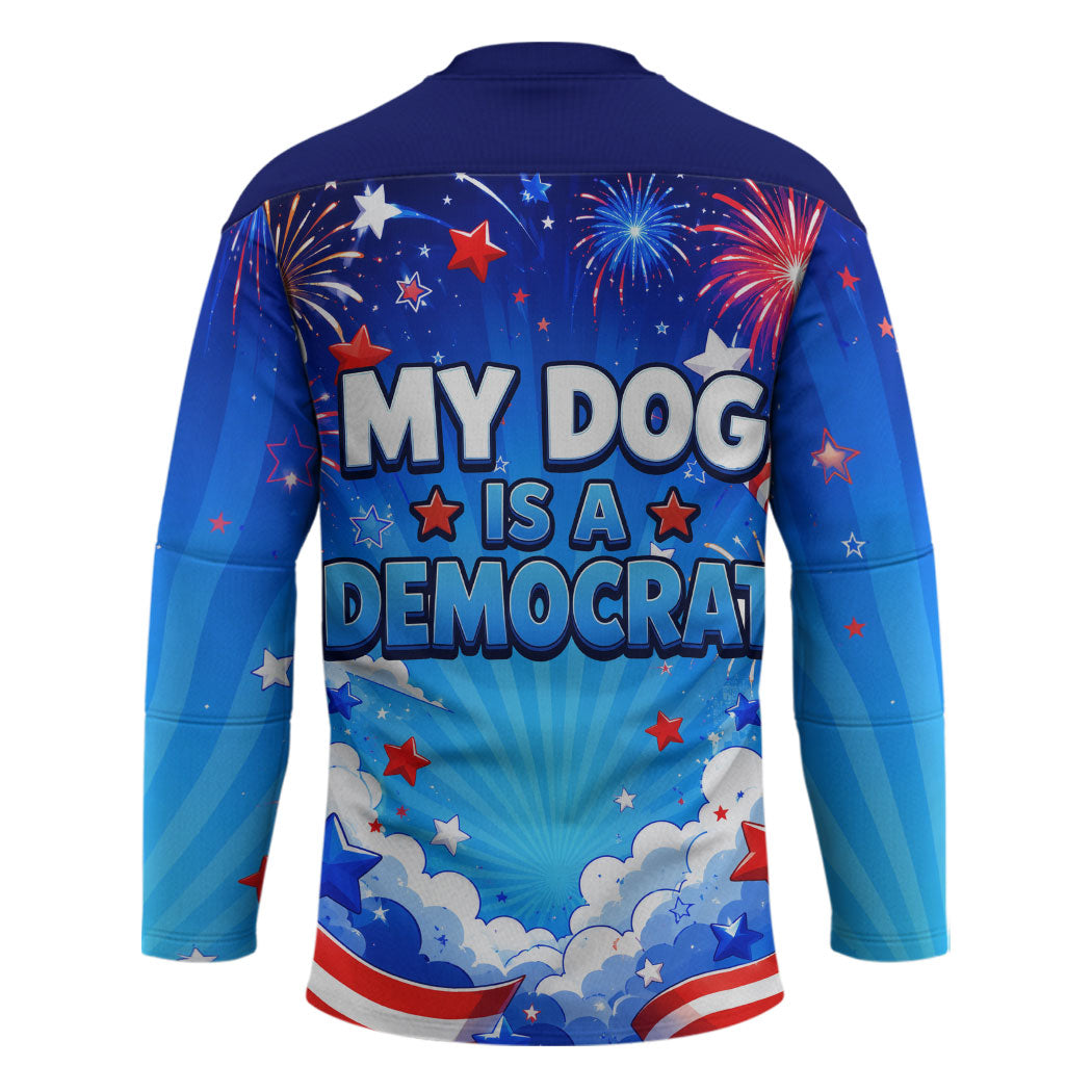 My Dog Is A Democrat Golden Retriever Hockey Jersey Patriotic American Fireworks Cute Cartoon Dog