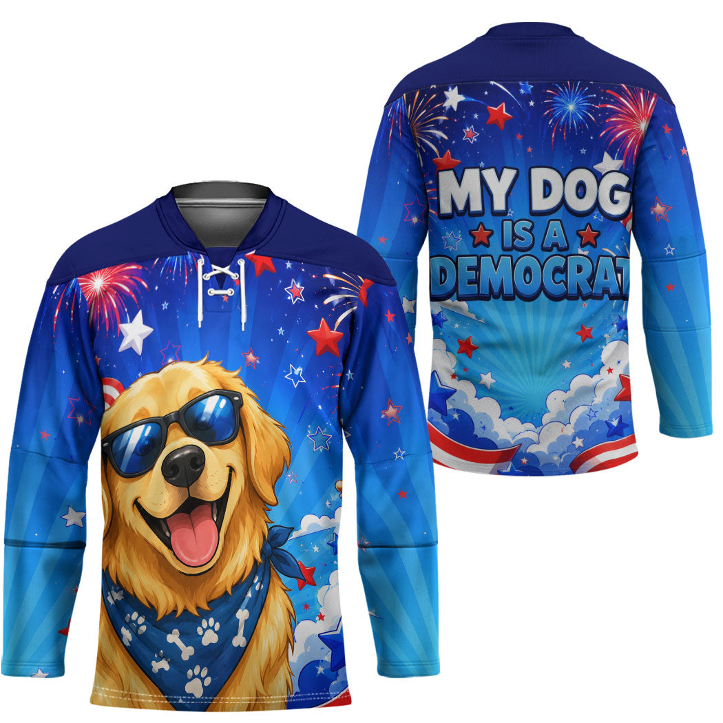 My Dog Is A Democrat Golden Retriever Hockey Jersey Patriotic American Fireworks Cute Cartoon Dog