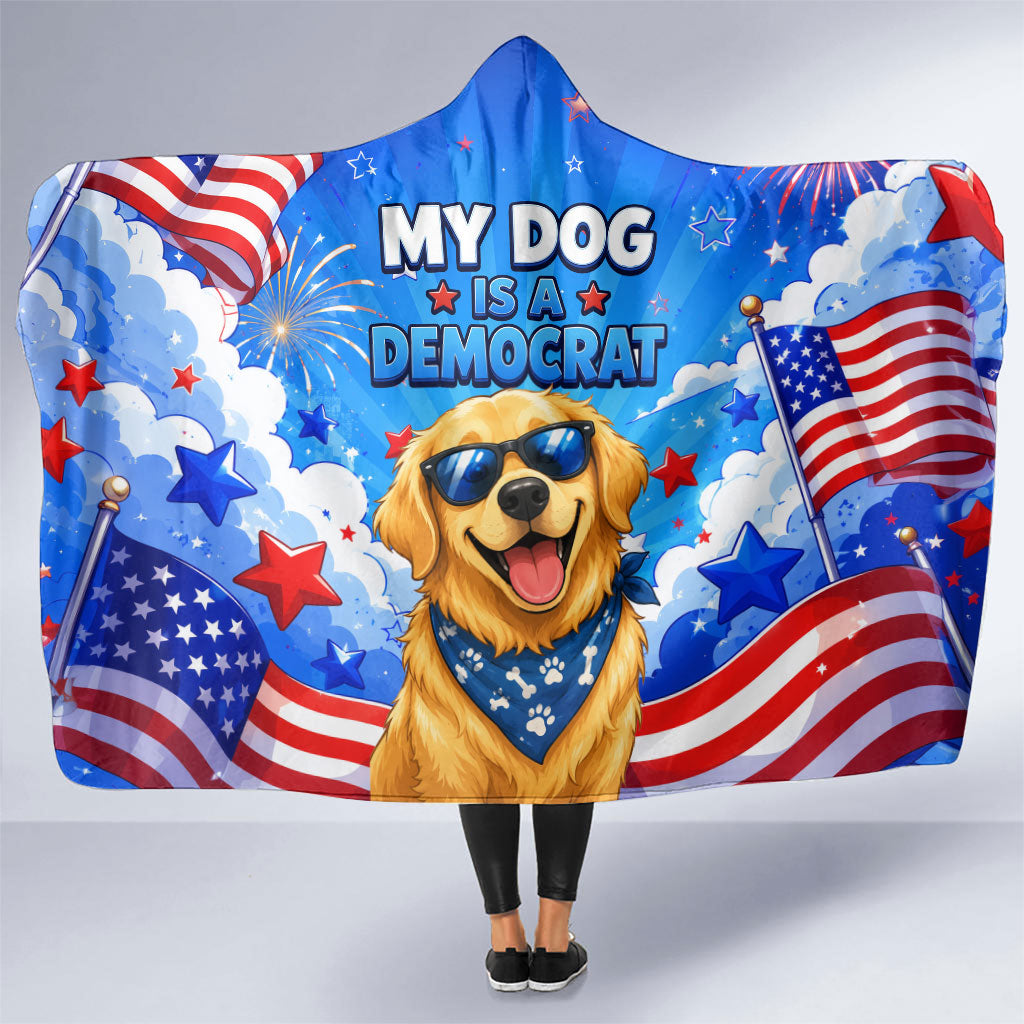 My Dog Is A Democrat Golden Retriever Hooded Blanket Patriotic American Fireworks Cute Cartoon Dog