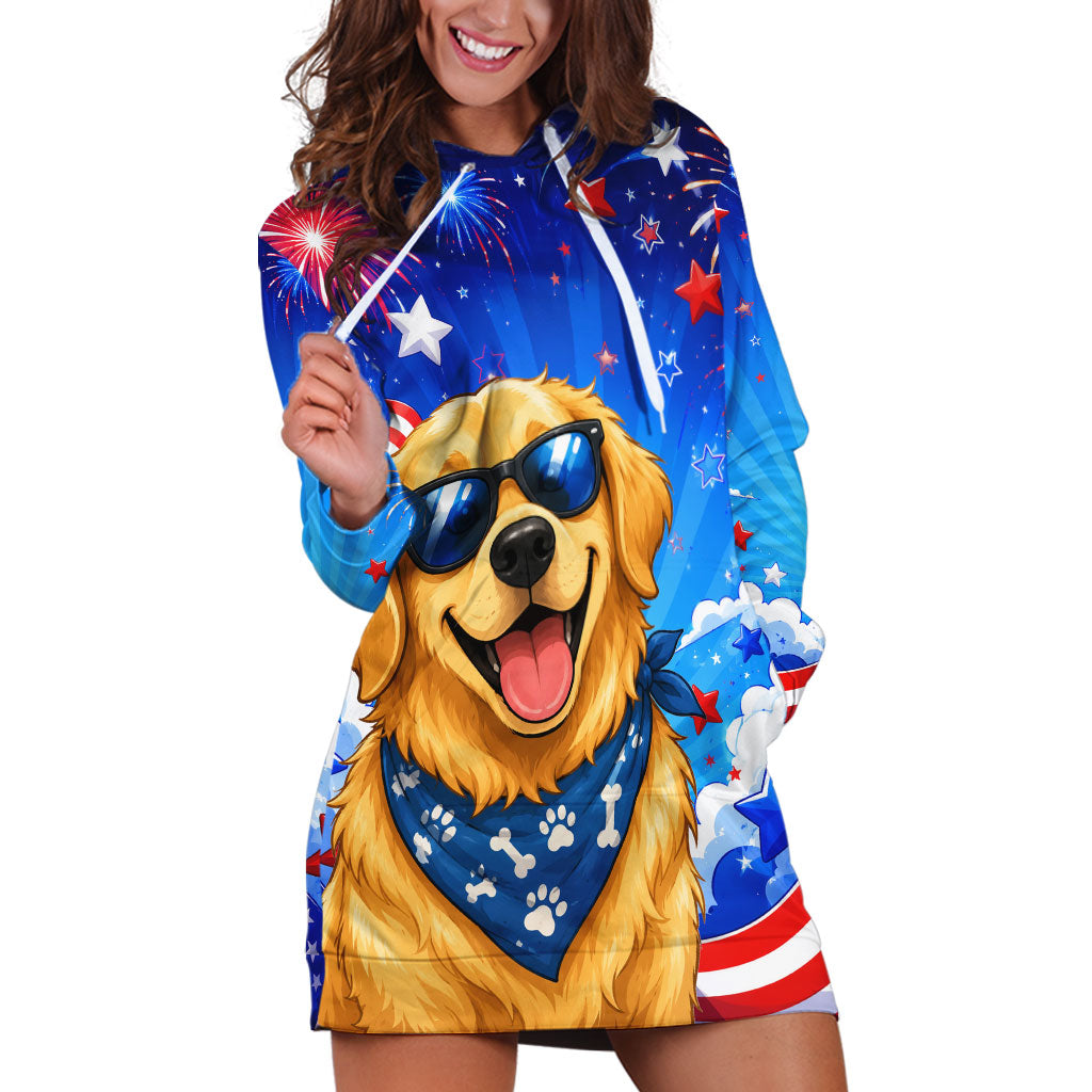 My Dog Is A Democrat Golden Retriever Hoodie Dress Patriotic American Fireworks Cute Cartoon Dog