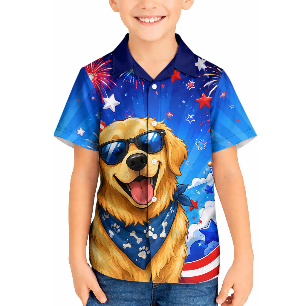 My Dog Is A Democrat Golden Retriever Kid Hawaiian Shirt Patriotic American Fireworks Cute Cartoon Dog