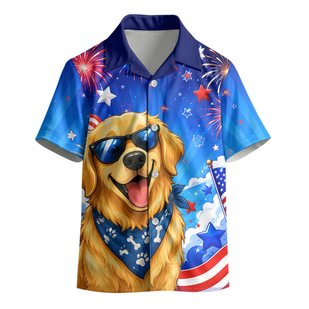 My Dog Is A Democrat Golden Retriever Kid Hawaiian Shirt Patriotic American Fireworks Cute Cartoon Dog