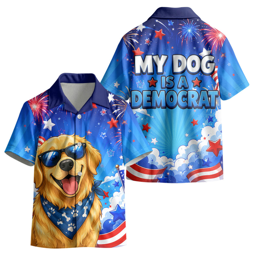 My Dog Is A Democrat Golden Retriever Kid Hawaiian Shirt Patriotic American Fireworks Cute Cartoon Dog