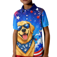 My Dog Is A Democrat Golden Retriever Kid Polo Shirt Patriotic American Fireworks Cute Cartoon Dog