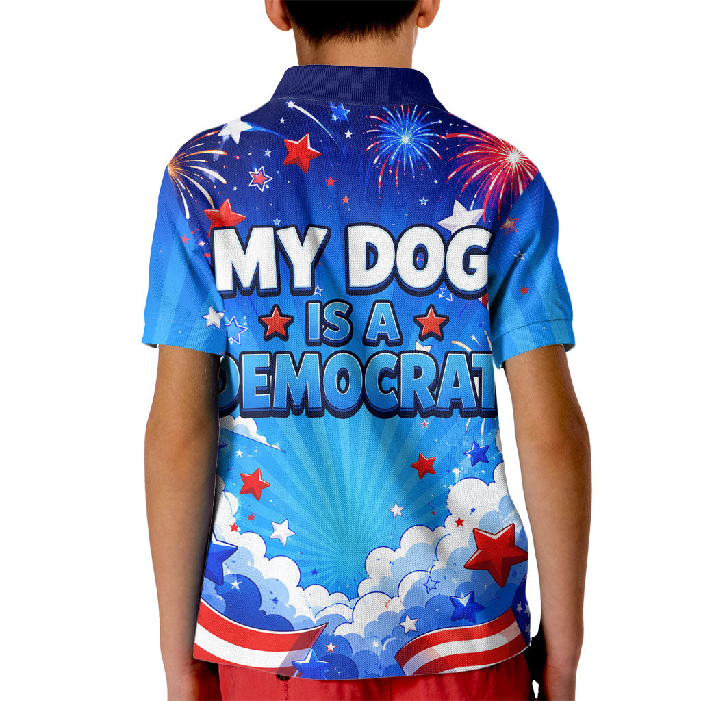 My Dog Is A Democrat Golden Retriever Kid Polo Shirt Patriotic American Fireworks Cute Cartoon Dog