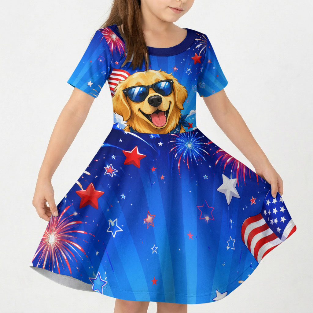 My Dog Is A Democrat Golden Retriever Kid Short Sleeve Dress Patriotic American Fireworks Cute Cartoon Dog