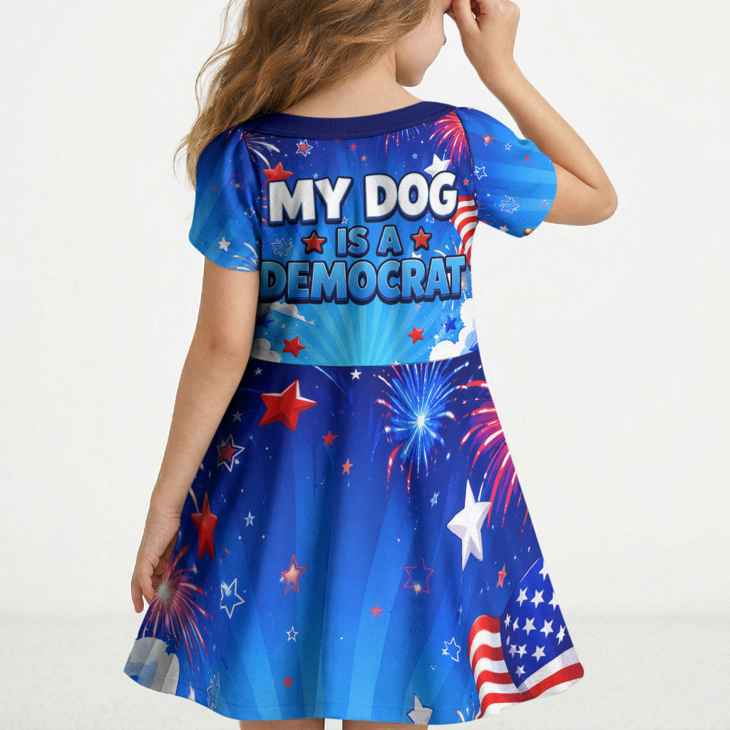 My Dog Is A Democrat Golden Retriever Kid Short Sleeve Dress Patriotic American Fireworks Cute Cartoon Dog