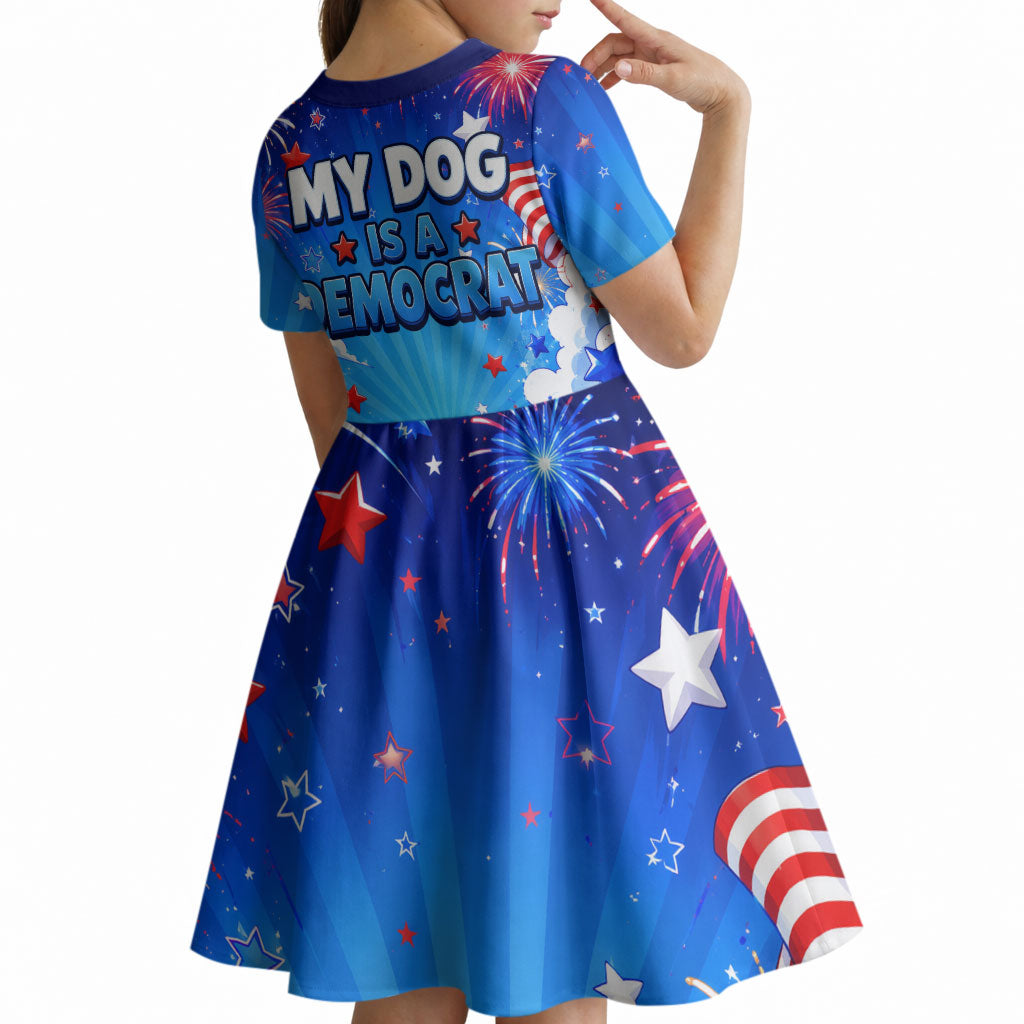 My Dog Is A Democrat Golden Retriever Kid Short Sleeve Dress Patriotic American Fireworks Cute Cartoon Dog