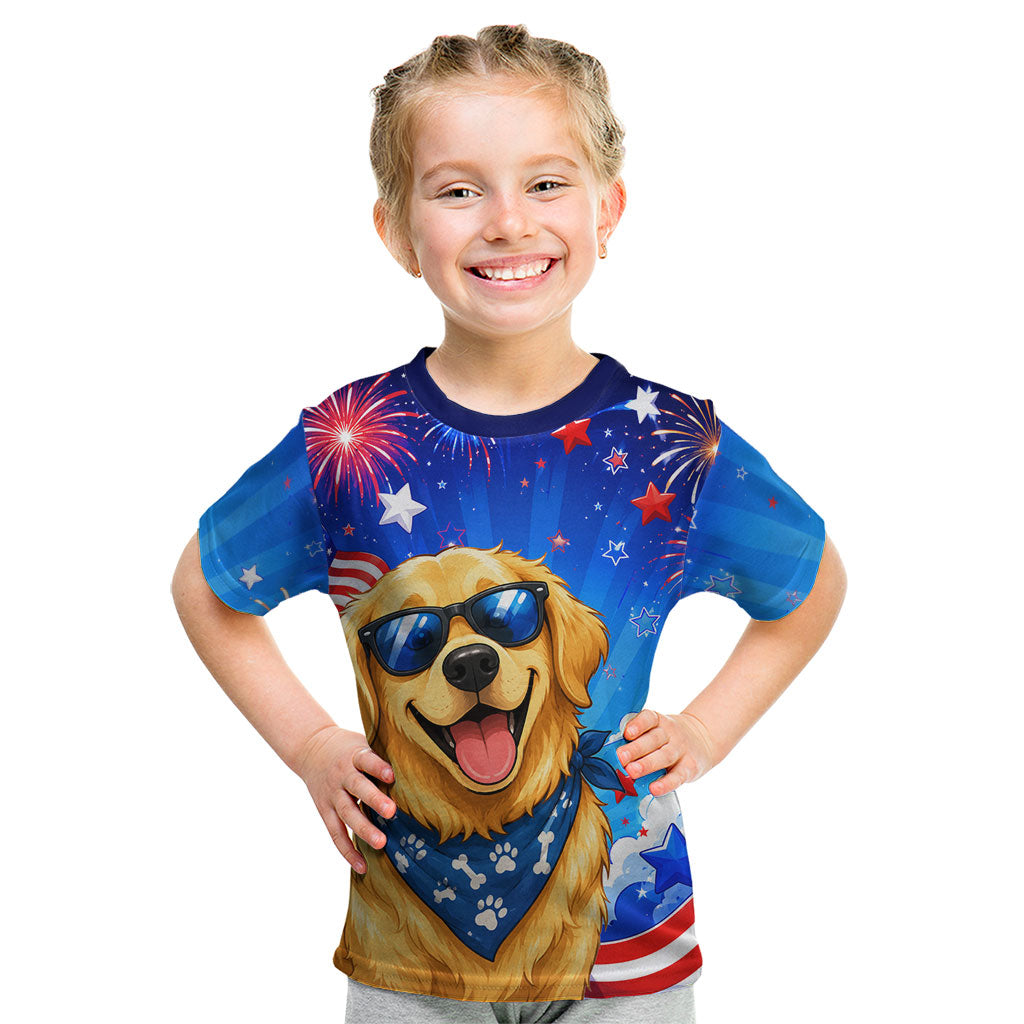 My Dog Is A Democrat Golden Retriever Kid T Shirt Patriotic American Fireworks Cute Cartoon Dog