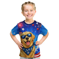 My Dog Is A Democrat Golden Retriever Kid T Shirt Patriotic American Fireworks Cute Cartoon Dog
