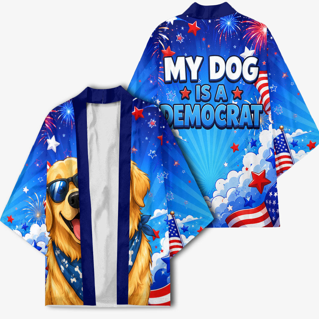My Dog Is A Democrat Golden Retriever Kimono Patriotic American Fireworks Cute Cartoon Dog