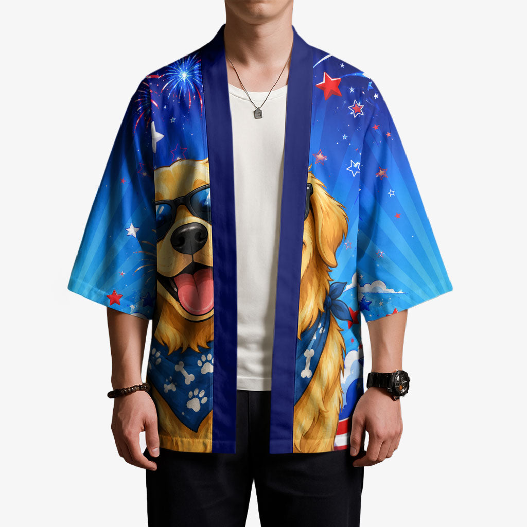 My Dog Is A Democrat Golden Retriever Kimono Patriotic American Fireworks Cute Cartoon Dog