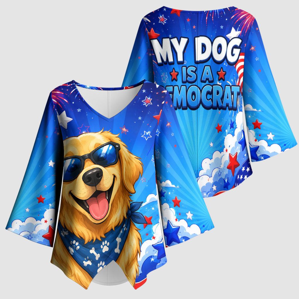 My Dog Is A Democrat Golden Retriever Kimono Sleeve Blouse Patriotic American Fireworks Cute Cartoon Dog