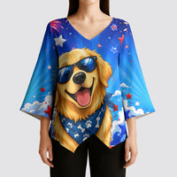 My Dog Is A Democrat Golden Retriever Kimono Sleeve Blouse Patriotic American Fireworks Cute Cartoon Dog