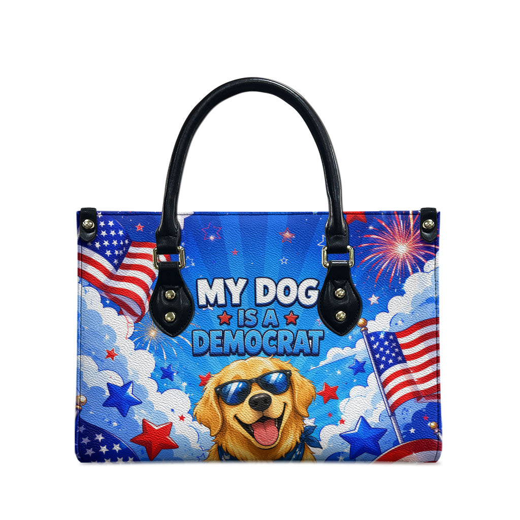 My Dog Is A Democrat Golden Retriever Leather Bag Patriotic American Fireworks Cute Cartoon Dog