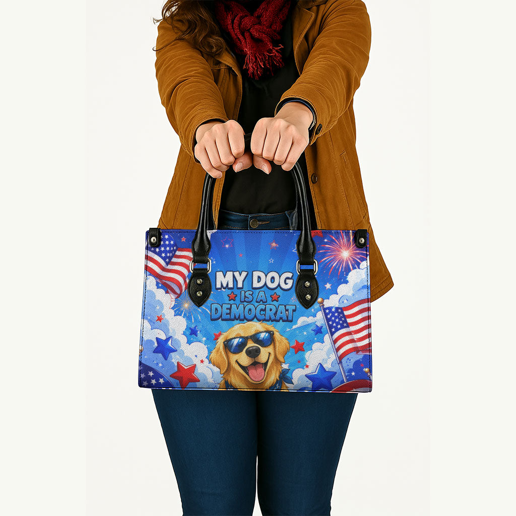 My Dog Is A Democrat Golden Retriever Leather Bag Patriotic American Fireworks Cute Cartoon Dog