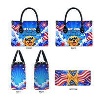 My Dog Is A Democrat Golden Retriever Leather Bag Patriotic American Fireworks Cute Cartoon Dog
