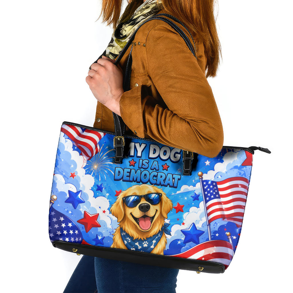 My Dog Is A Democrat Golden Retriever Leather Tote Bag Patriotic American Fireworks Cute Cartoon Dog