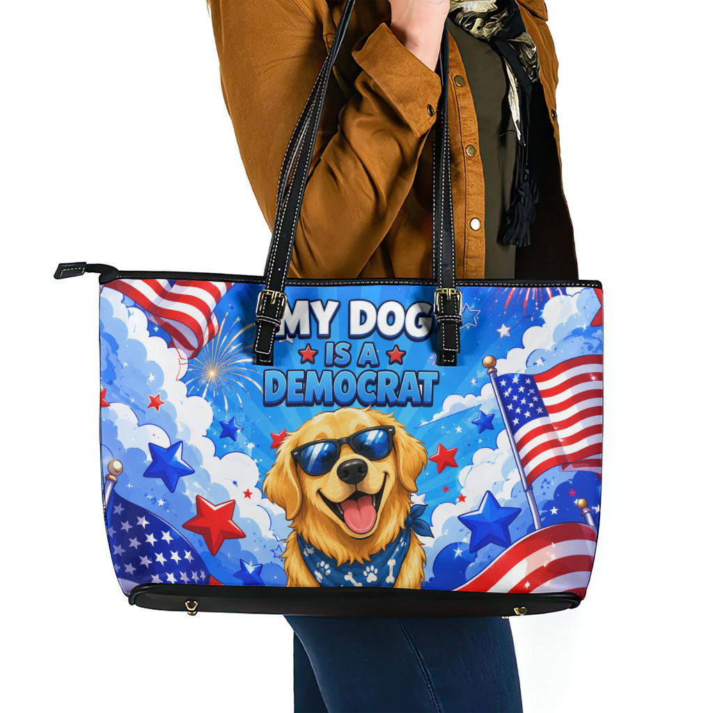 My Dog Is A Democrat Golden Retriever Leather Tote Bag Patriotic American Fireworks Cute Cartoon Dog