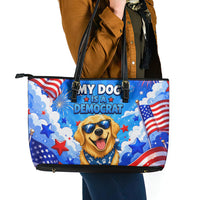 My Dog Is A Democrat Golden Retriever Leather Tote Bag Patriotic American Fireworks Cute Cartoon Dog